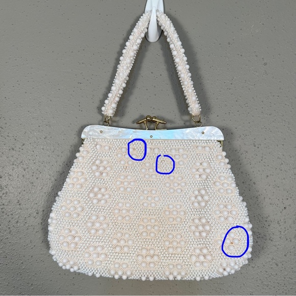VTG 8x11 Beaded Purse White Gold John Wind Hong Kong Bakelite Pearl - Picture 10 of 10